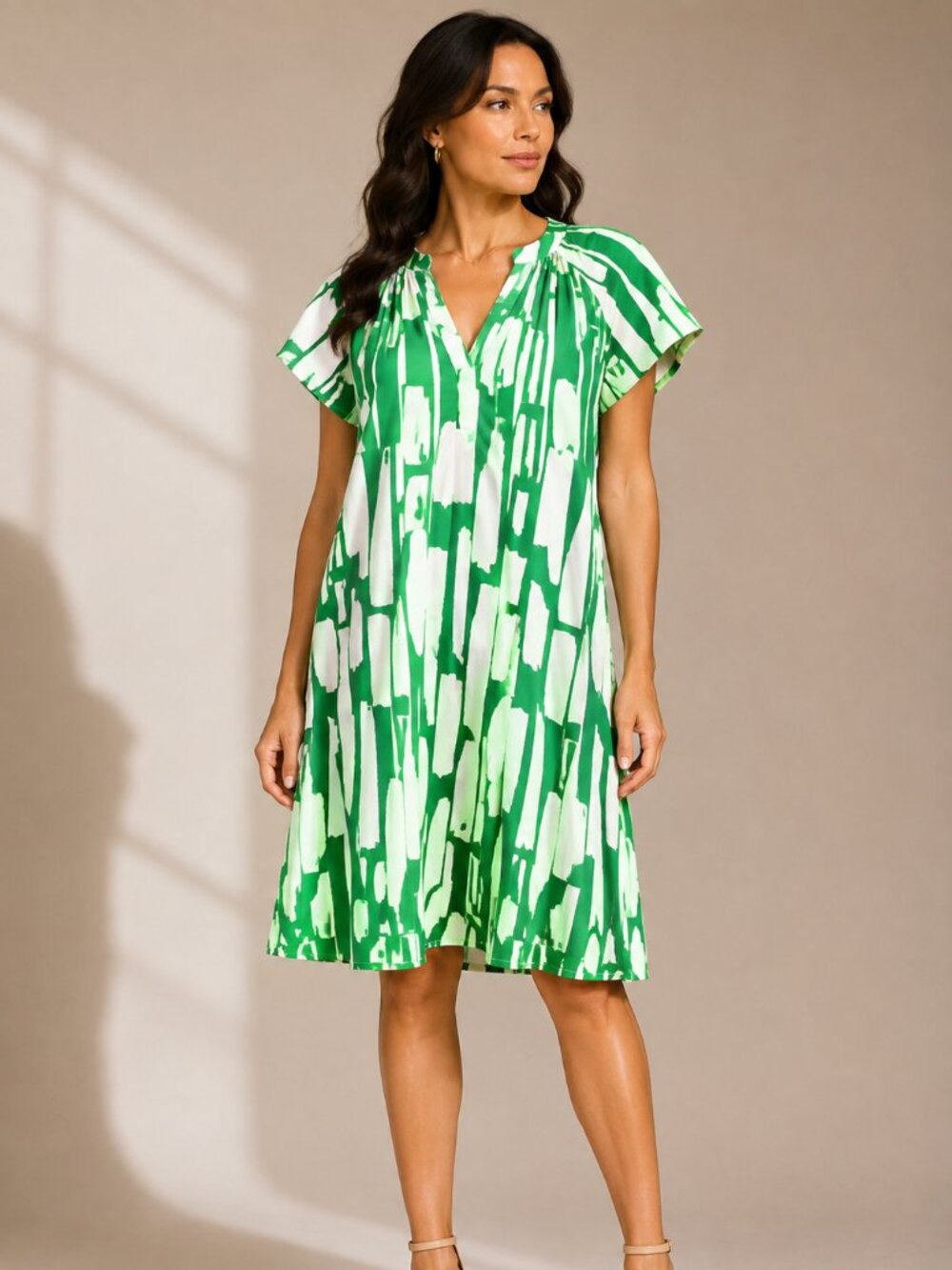 Green White Abstract Print Cotton Shift Dress Size S Cap Sleeve